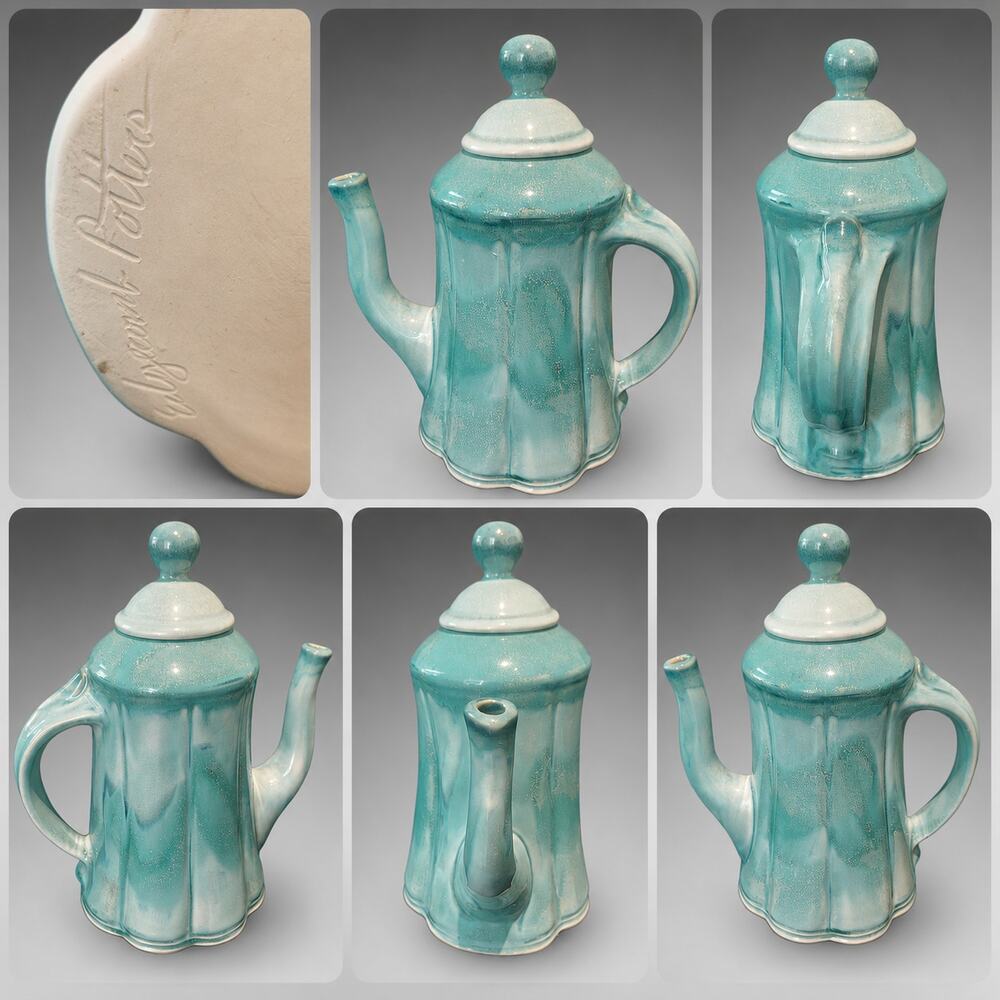 Edgecomb Potters Turquoise Drip Glaze Coffee Pot Teapot Mid Century Art Pottery